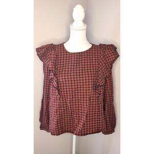 Madewell Burnt Orange Plaid Ruffle Sleeve Blouse XL Boho Top